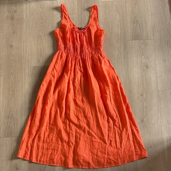 J.Crew Smocked Midi 100% Linen Dress in Tangerine Orange sz. M - Picture 4 of 8